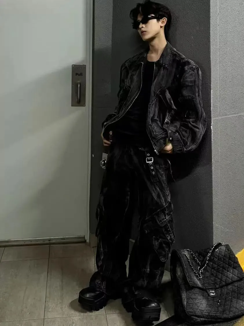 

Крутой винтажный мужской джинсовый комплект Jaet Thiened Fce на молнии с kets ort Sle, зимняя верхняя одежда китайского бренда ex