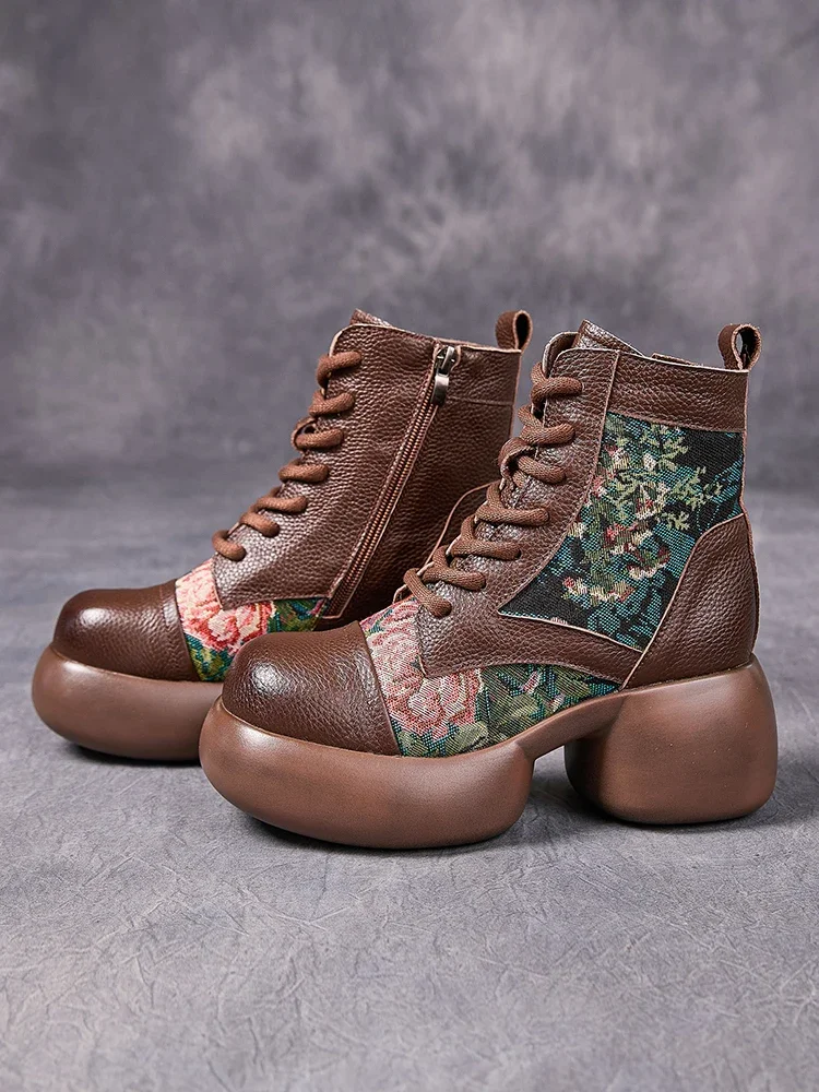 

Birkuir Thick Heel Women Ankle Boots Embroidery 7CM High Heel Boots Genuine Leather Lace Up Zip Luxury Platform Short Boots