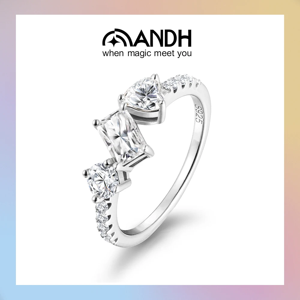 

ANDH Three-Stone Moissanite Ring for Women 925 Sterling Silver Sparkling Diamond Engagement Ring Elegant Party Fine Jewelry Gift