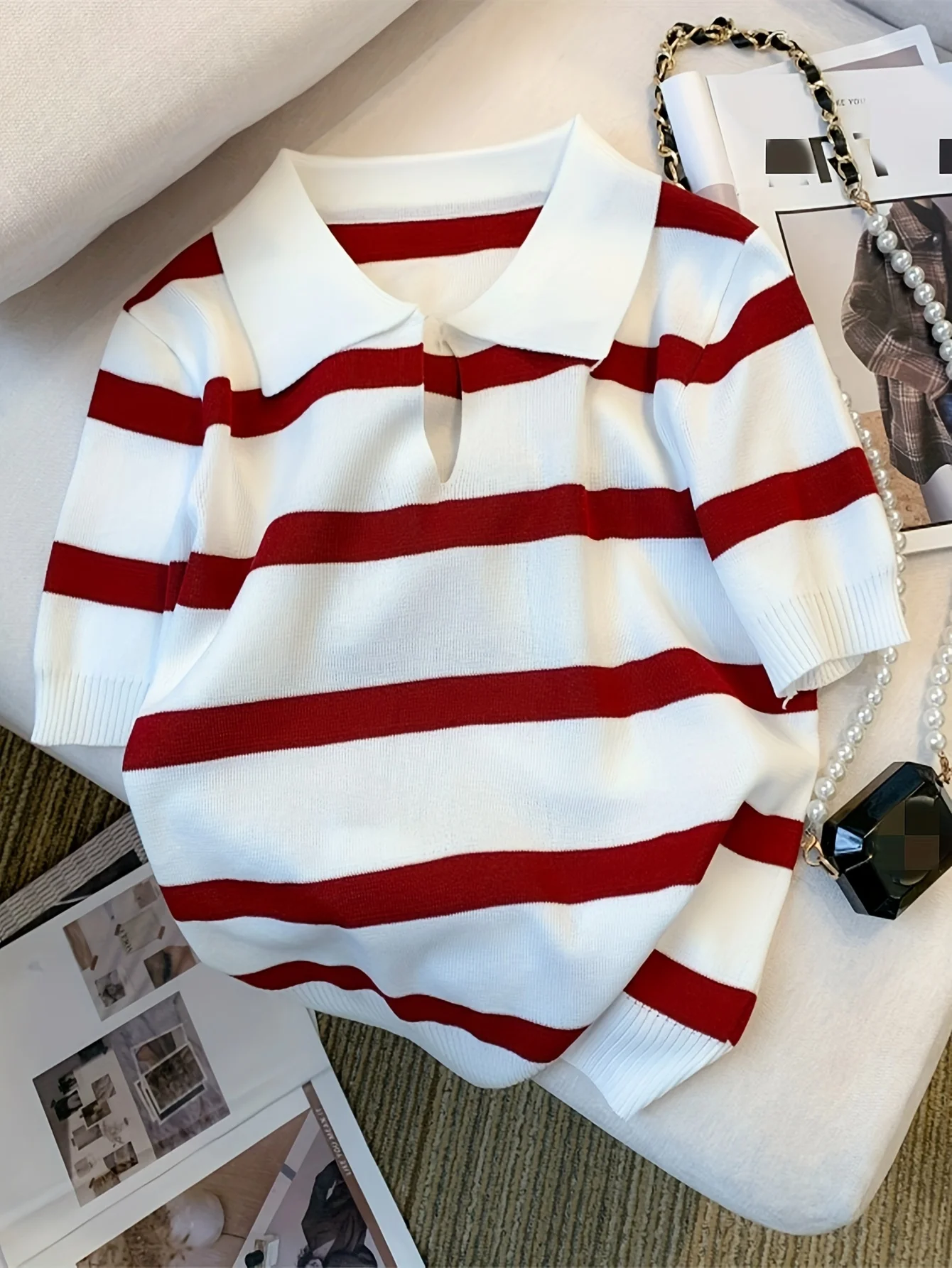 Women's Striped Knit Vest Polo Collar Sleeveless Pullover Sweater Casual Elegant Waistcoat Spring Autumn Korean Style Top