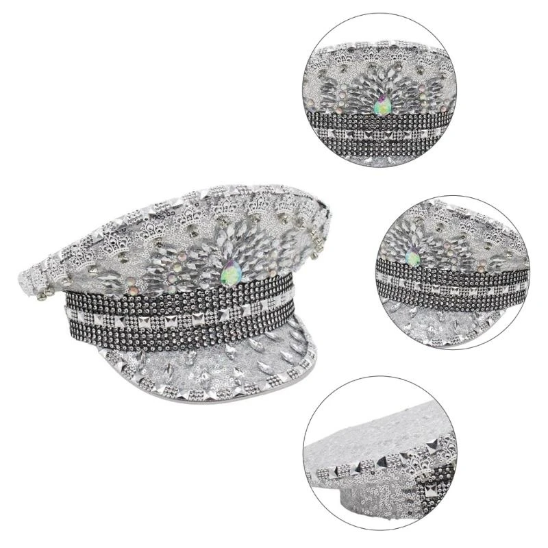 R1WE قبعة عسكرية للعروس من حجر الراين لحفلات الزفاف وحفلات الهالوين قبعة كابتن للسفر والتقاط الصور وقبعة ضابط الزفاف