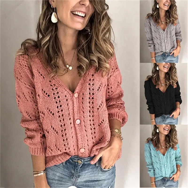 

Faion Women Knitted Blouse Street Sle Loose Fit Hollow out Splice Long Sve V-Ne Button up Casual Autumn Top