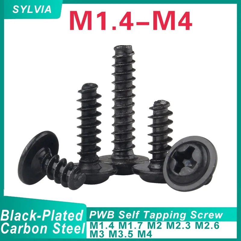 M1.4 M1.7 M2 M2.3 M2.6 M3 M3.5 M4 Black Plated PWB Cross Pan Head With Washer Flat Tail Self Tapping Screws Round Head Phillips