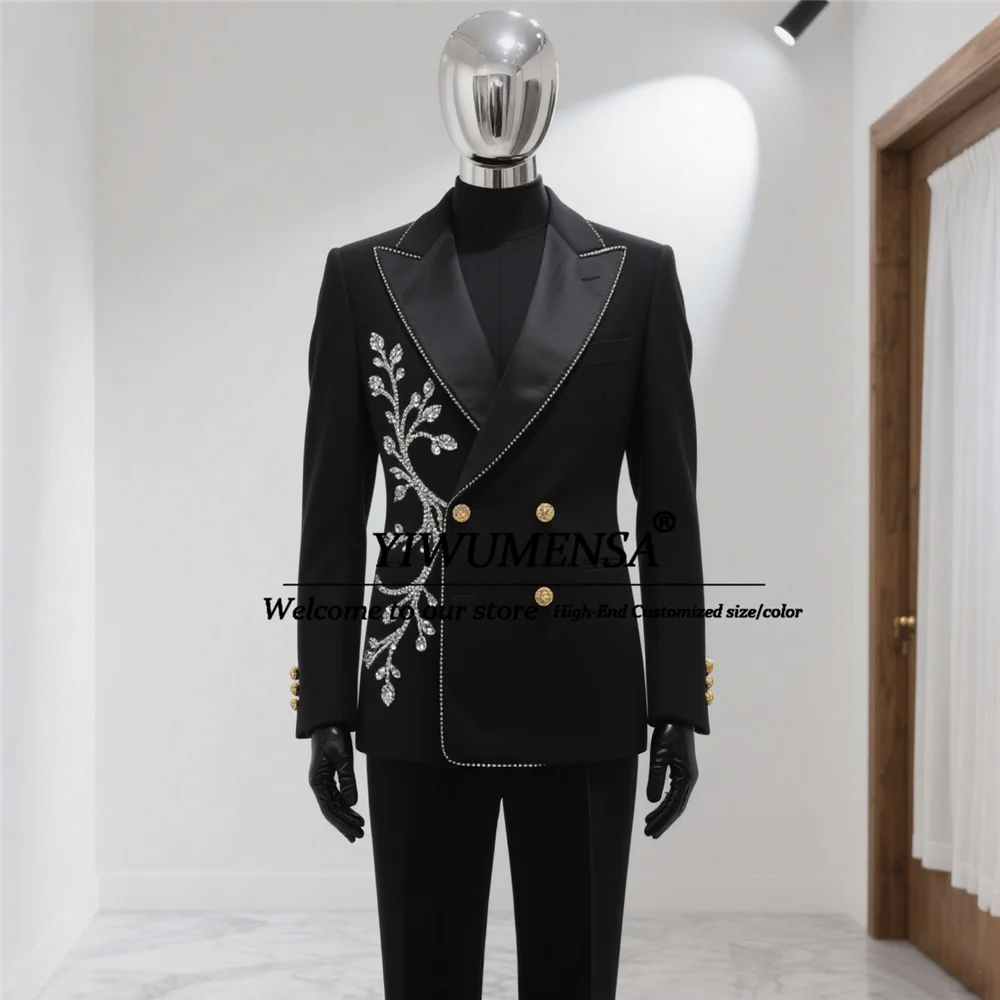 

Роскошные свадебные костюмы с бриллиантами и бисером для мужчин, черные бархатные смокинги для выпускного с лацканами, двубортные смокинги для жениха по индивидуальному заказу