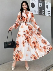 2024 New Spring Autumn Women Lace-up Bow Collar Long Sleeve Belt Slim Long Dress Elegant Big Hem Vintage Floral Dress