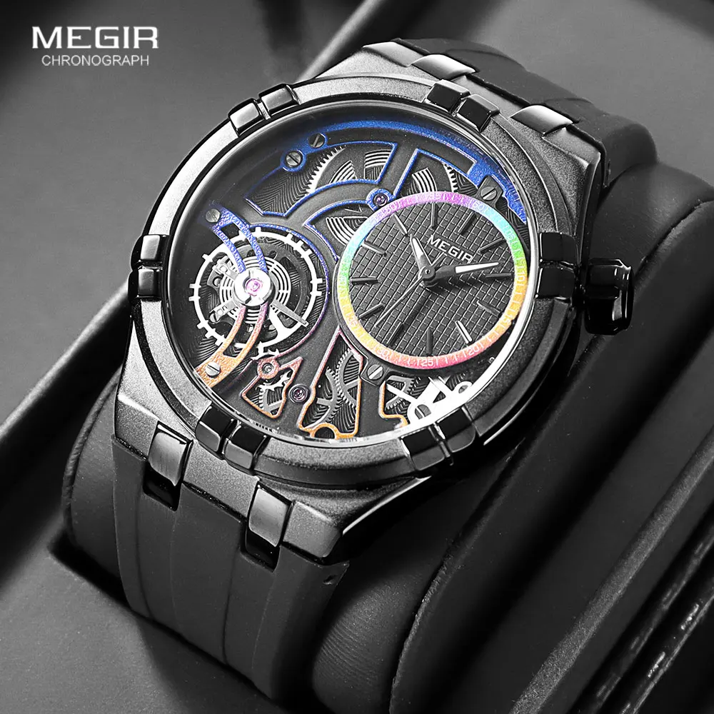 MEGIR Military Sport Quartz Watch for Men Fashion Black Silicone Strap Waterproof Wristwatch with Luminous Hands MN8111G