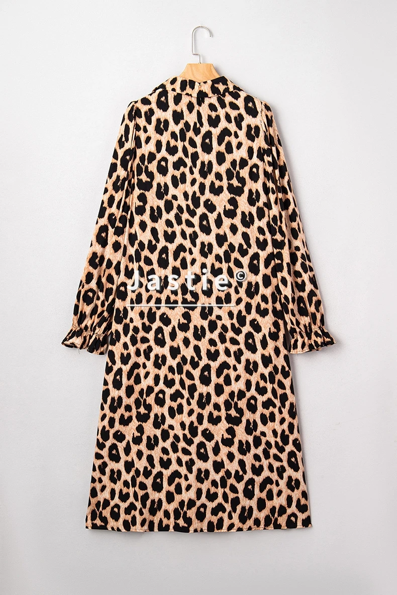 Vintage Leopard Print Midi Dress For Women Long Sleeve V-Neck Smocked Waist Flowy Loose-Fit Boho Casual Beach Party Dress