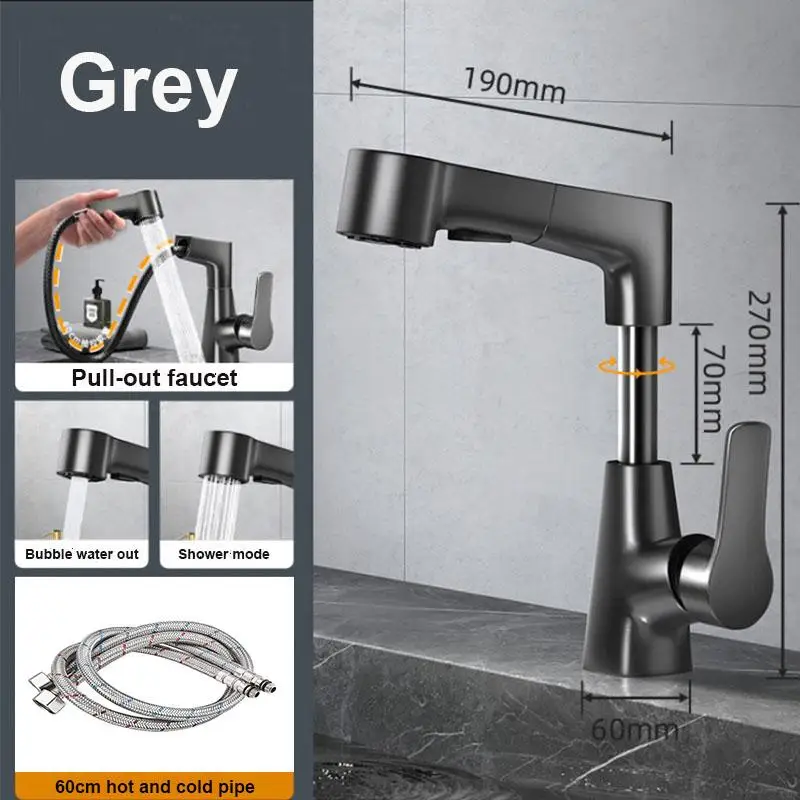 

Pull Out Lift Bathroom Faucet 360°Rotatable Dual Spray Modes Basin Faucet Stainless Steel Kitchen Sink Hot Cold Faucet with hose