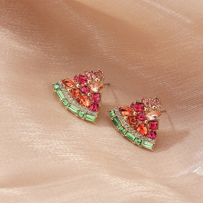 1.8*2.2cm Glass Beads Inlaid Water Melon Design Stud Earrings for Women Cute Tiny Watermelon Fruit Stud Earrings with Rhinestone