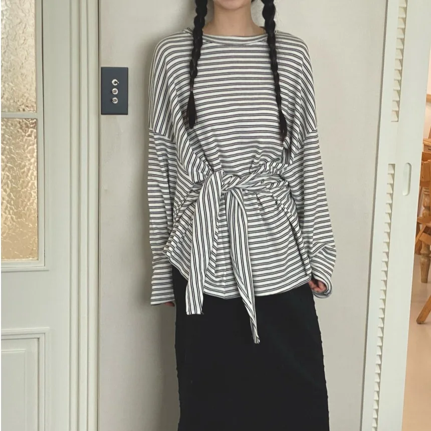 تي شيرت نسائي فضفاض مخطط الخصر ذو ملابس كاجوال كورية لجميع المواسم متوفرة بخيارات المقاسات #5