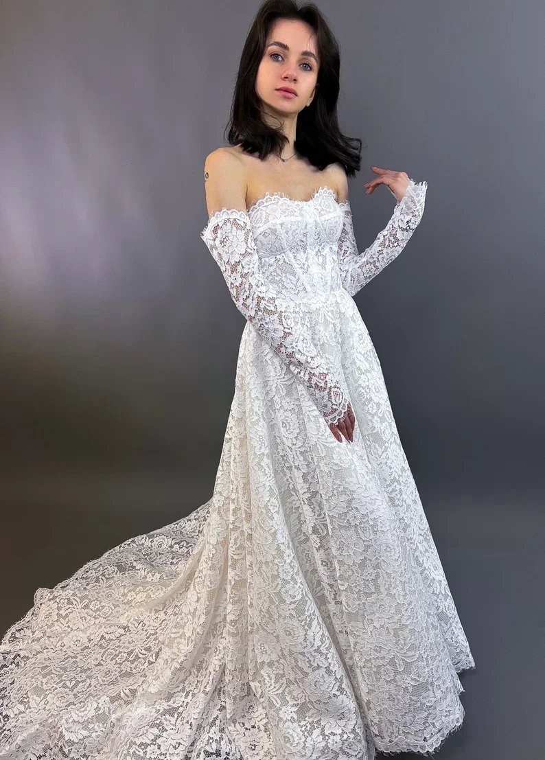 

Customized Exquisite Lace Wedding Dress Bohemian Lace Wedding Dress Romantic Wedding Dress With Sleeves Long Lace Wedding Dress