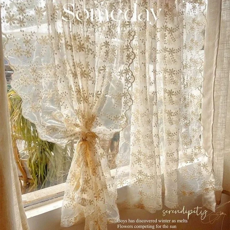 French Vintage Romantic Beige Lace Floating Window Curtains for Living Room Bedroom Partition No Hole Punch Curtains Home Decor