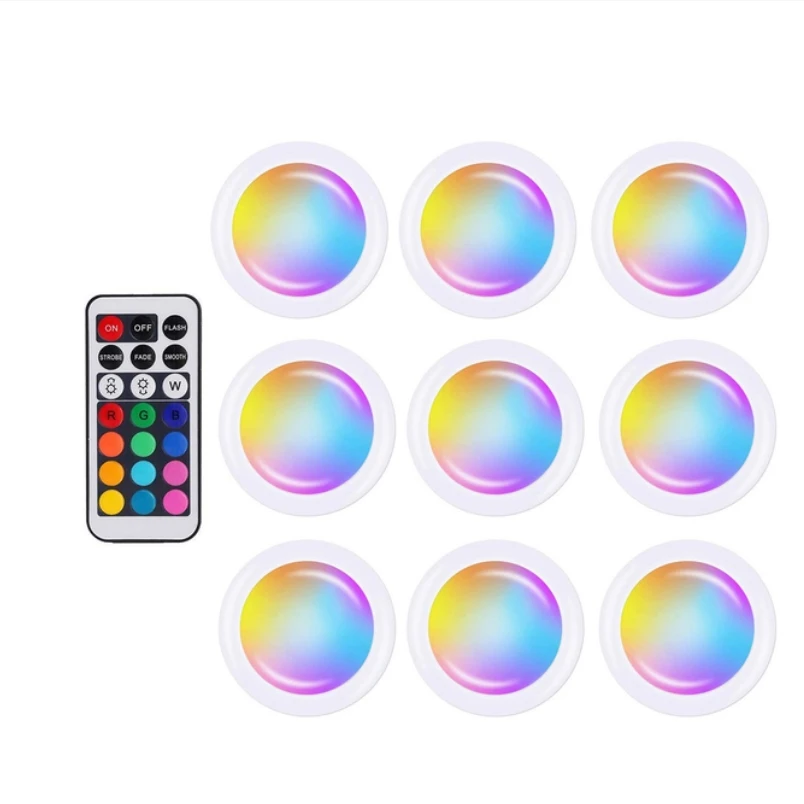 LED Cabinet Light RGB Puck Lamp Remote Control Battery Powered Dimmable Kitchen Under Cabinet Closet Light Nightlight Multicolor