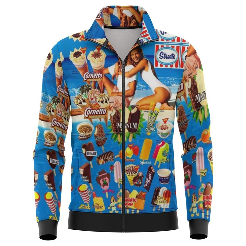 3D Printed Ice Cream Zipper Jacket For Men Popsicle Pattern Long Sleeves Spring Autumn Harajuku Hawaiian Jackets Street Coat