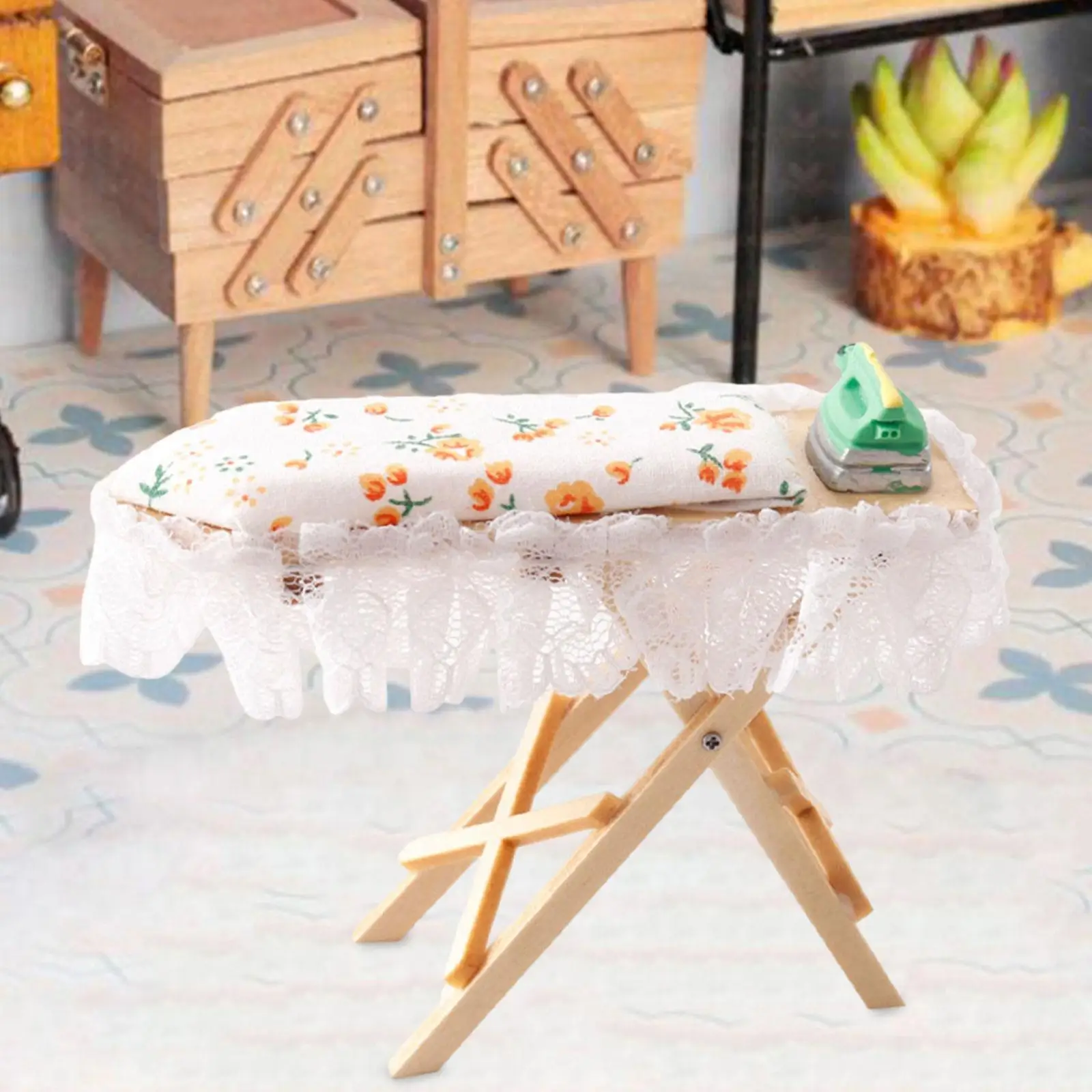Casa de bonecas em miniatura ferro mesa de engomar playset 1:12 simulação para adereços fotográficos