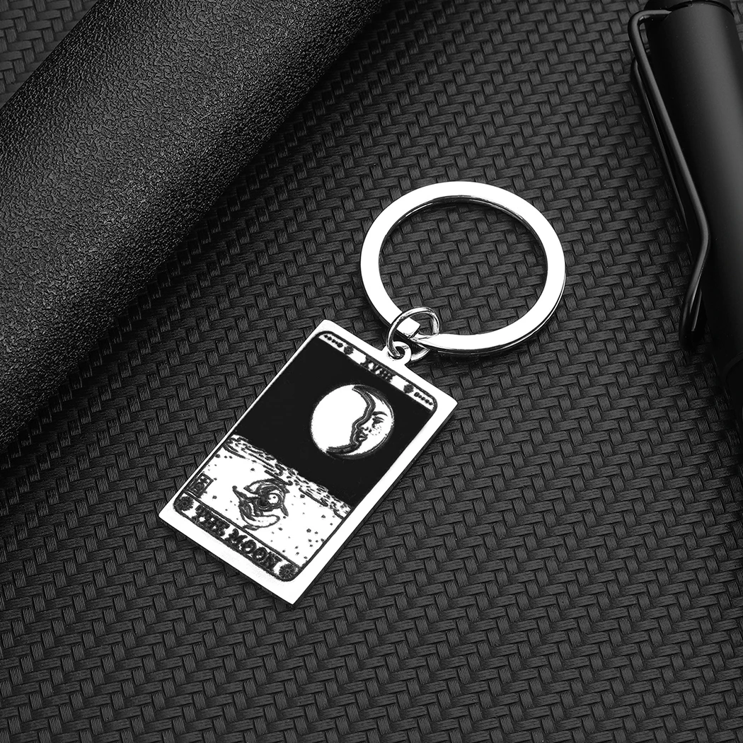 Vintage Tarot Cards Talisman Pendant Keychain The Major Arcana Moon Face Stainless Steel Key Chains Men Women Keyrings Gift