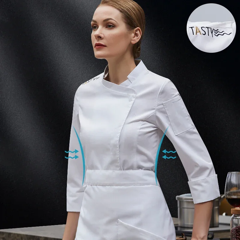 

Restaurant Woman Chef Jacket Hotel Female Kitchen Uniform Catering Cooking Coat Long Sleeve Bakery Breathable Working Clothes