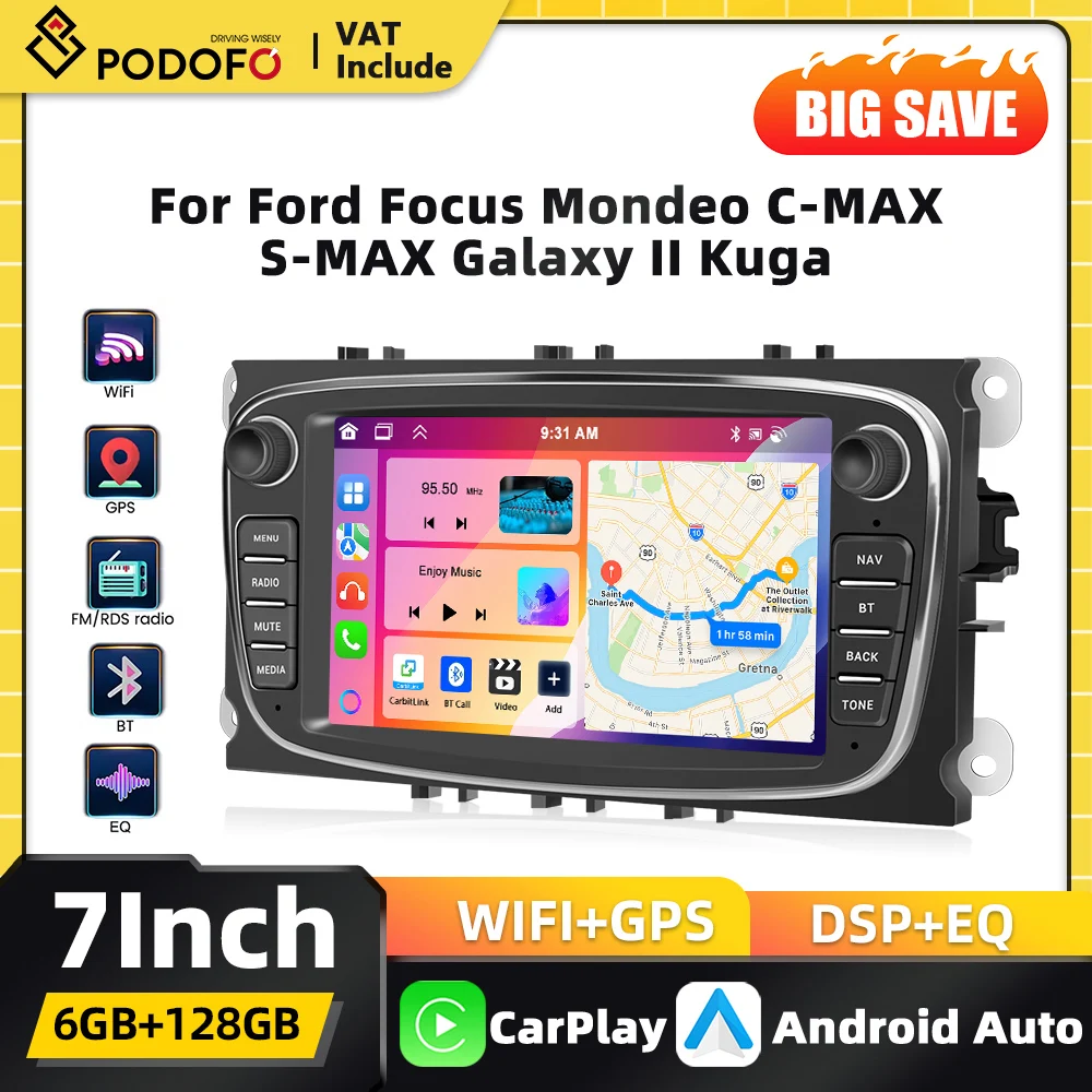 Podofo 7-Zoll Carplay Android Auto-Multimediaplayer für Ford Focus Mondeo C-MAX S-MAX Galaxy II Kuga Auto-Audio GPS-Navigation Mirror Link BT DSP Ohne DVD