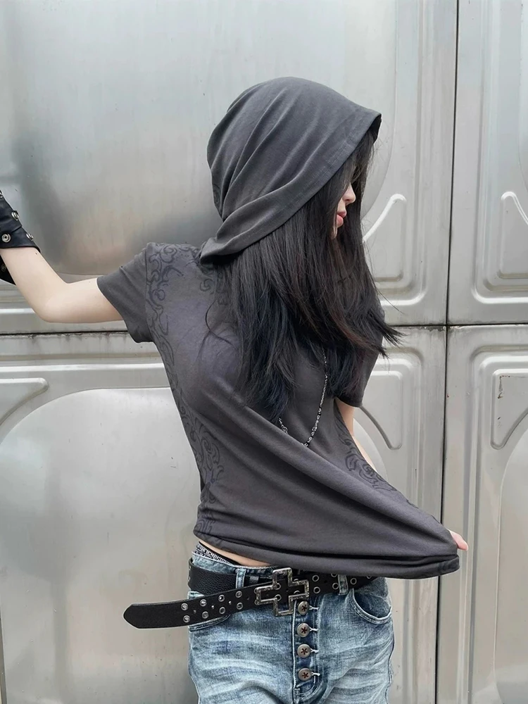 

Y2K Hooded Women T Shirt Subculture Punk Floral Summer Hotsweet Tees Harajuku Streetwear Japan Vintage High Street Female Tops