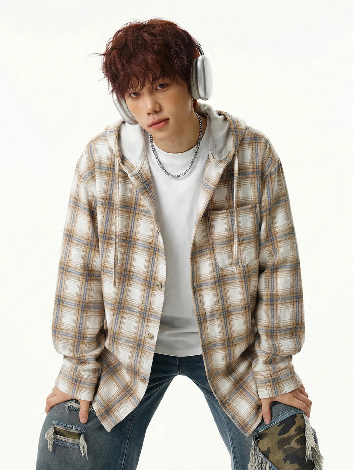 

Casual American Sle Plaid Long Sve Hooded irt for Men Spring 2026 New Loose Fit Button down irt Coat Youth Trend