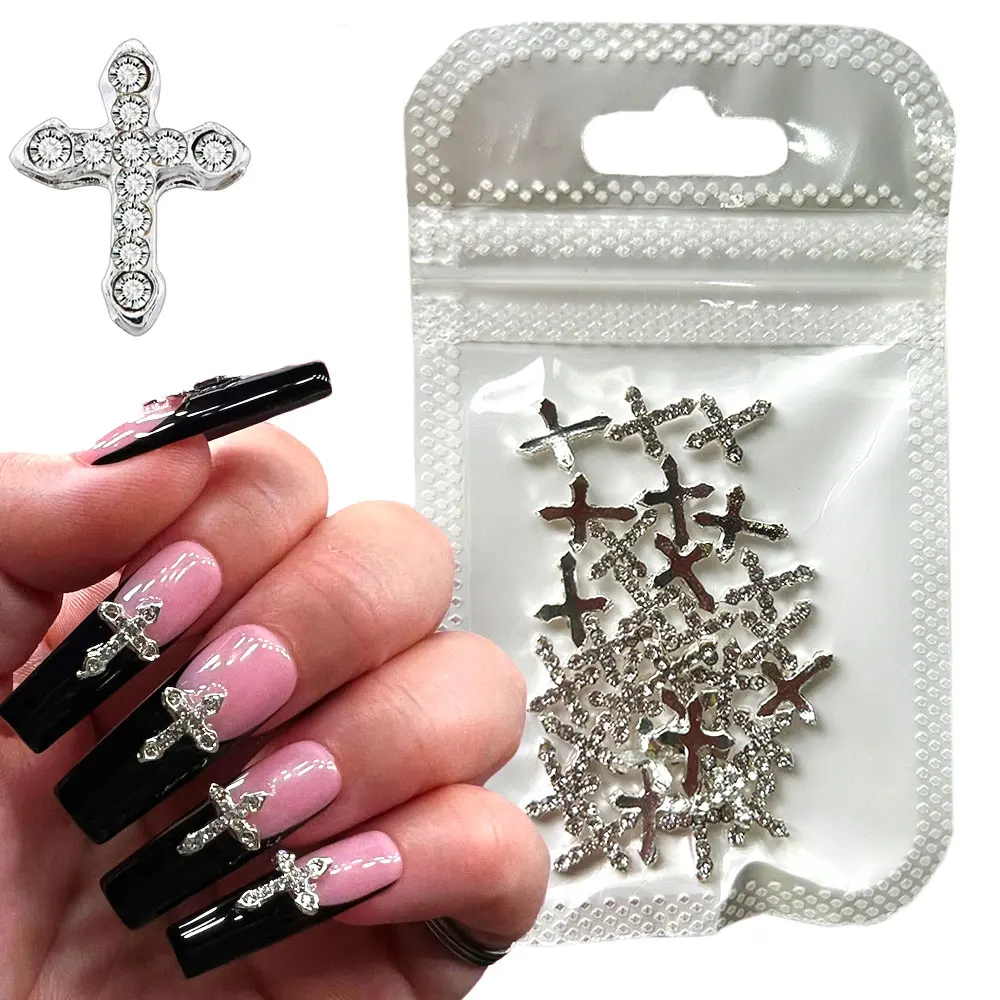 10pcs 3D Shiny Rhinestones Cross Gems Aolly Silver Cross Nail Charms 7*12cm Flat Back Diamond Crystal Rhinestones Nail Art Charm