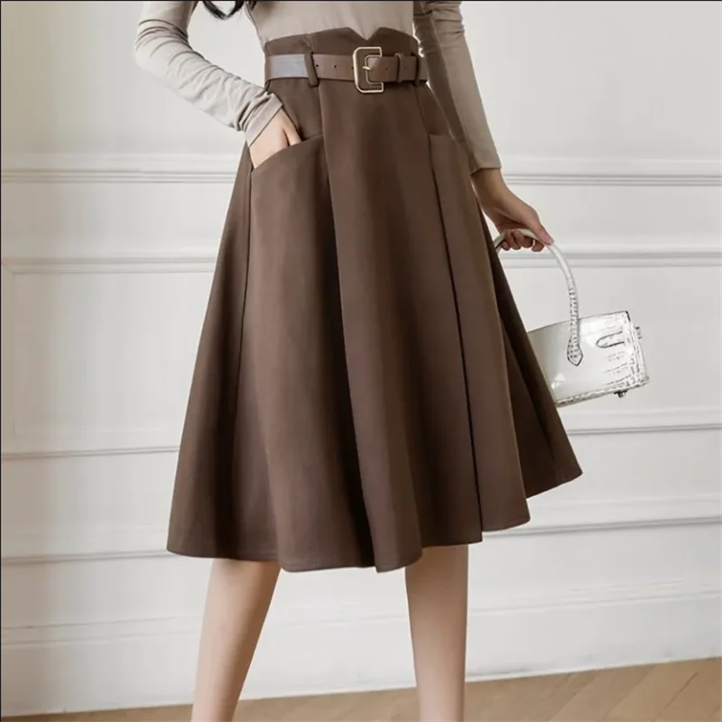

Women's Skirts High Waist Mid-calf A-line Pockets OL Skirt Solid Skirts for Women Vintage Fashion 2024Summer Pleated Belt Women