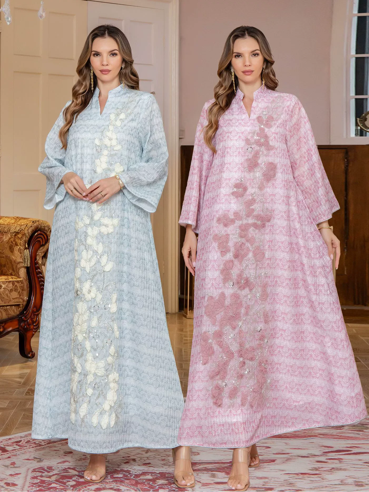 

New Ramadan Moroccan Islamic Nail Diamond Robe Middle Eastern Clothing Jalabiya Muslim Fashion Long Sleeve Dress Arab Robe