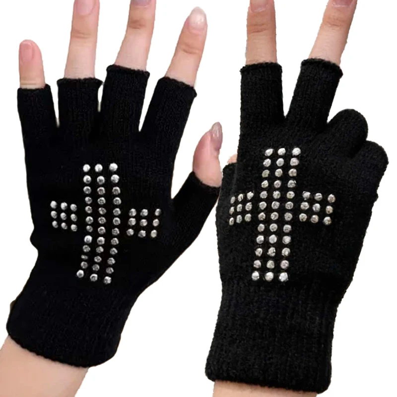 

Y2K Womens Gloves Cross Bead Print Five Finger Design Gloves Trendy Fashion Accessories Winter Vintage Punk Warm Knitted Gloves