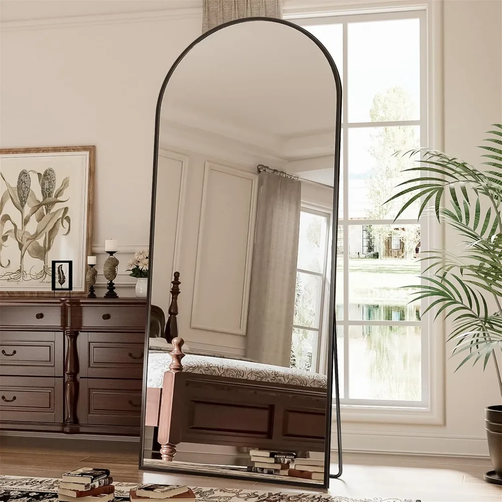 Arched Floor Espelho com suporte, espelho grande corpo total, Black Wall Mirror, 71x28 em