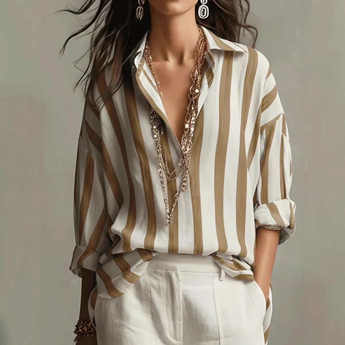 

Long-sleeved Striped Shirt 2026 Spring, Summer And Autumn New Fashion Casual Women's Lapel Loose Fashion Pullover Blouse
