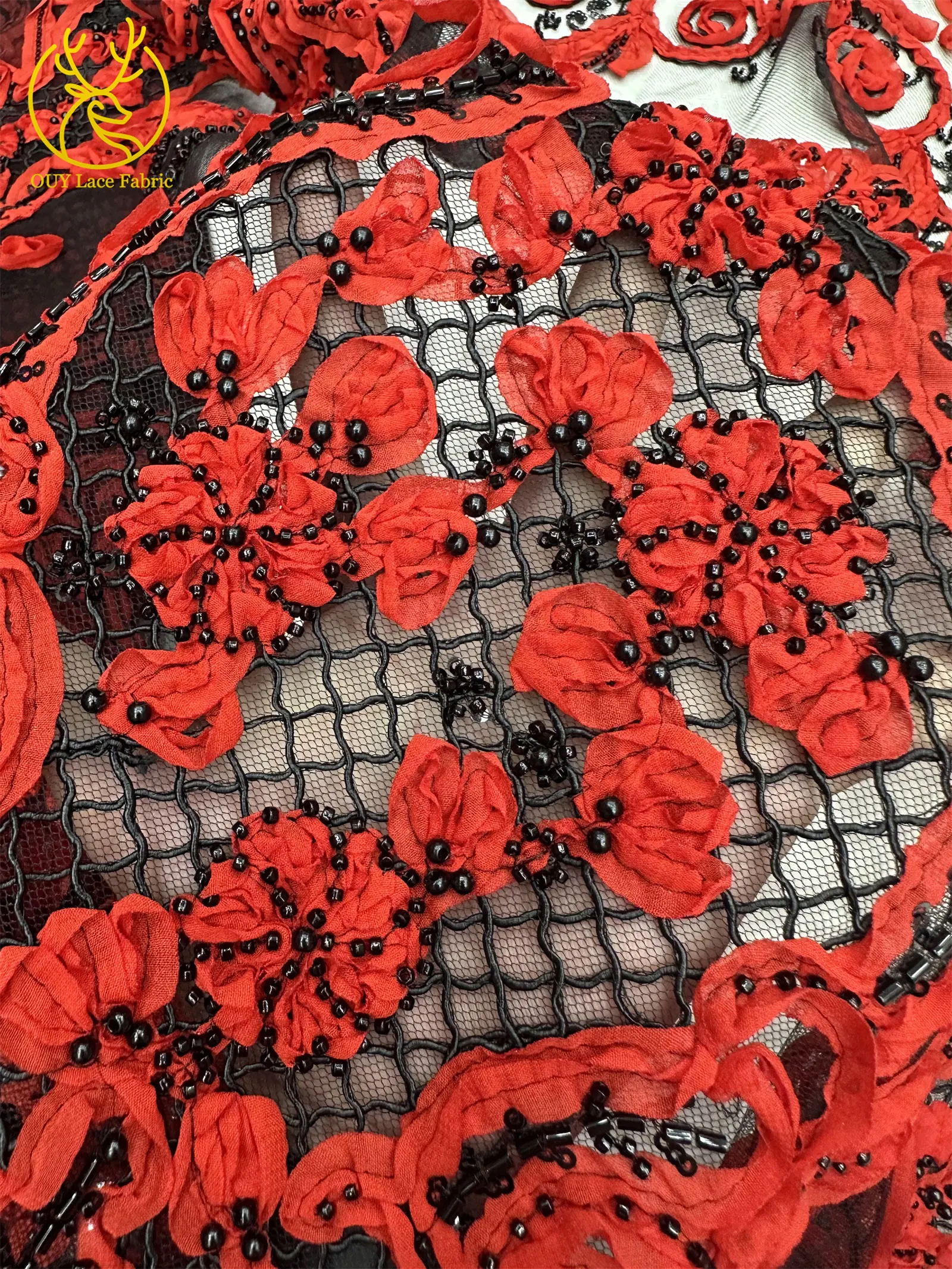 3D Afrikanischer Perlen-Spitzenstoff Schwarz Rot Luxuriöser Hochwertiger Französischer Pailletten-Tüll für Damen Abendkleid DIY Nähen 5 Yards – Detail 7