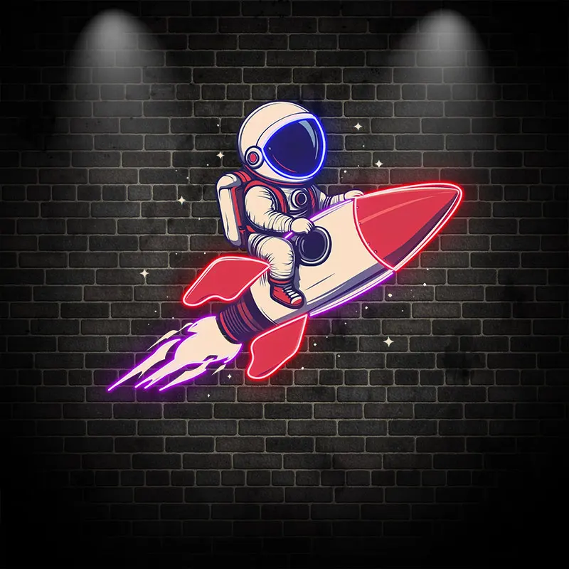 Astronaut Flying In Space On Rocket Custom LED Neon Sign, Creative Home Wall Decoration Night Light,  Perfect Birthday Gift