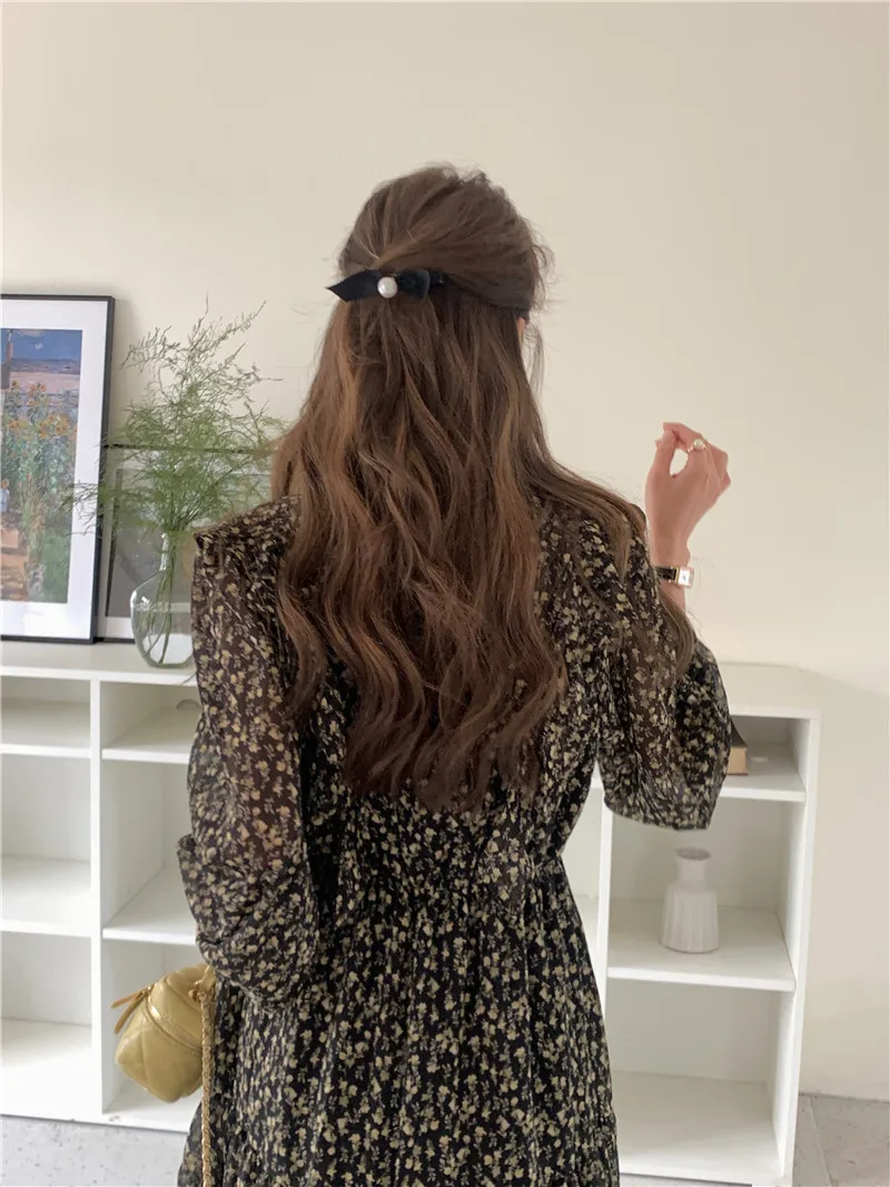 Abito camicia con stampa floreale in Chiffon primaverile abito da donna con volant elegante con scollo a V vita sottile abiti da donna abiti