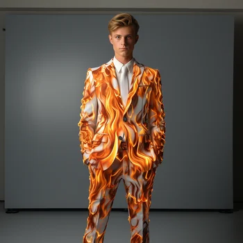 남성용 세트 노치 라펠 플레임 프린트 코트, 2 개 버튼 상의, 캐주얼 펑크 슬림핏 수이 노타이, 새로운 디자인