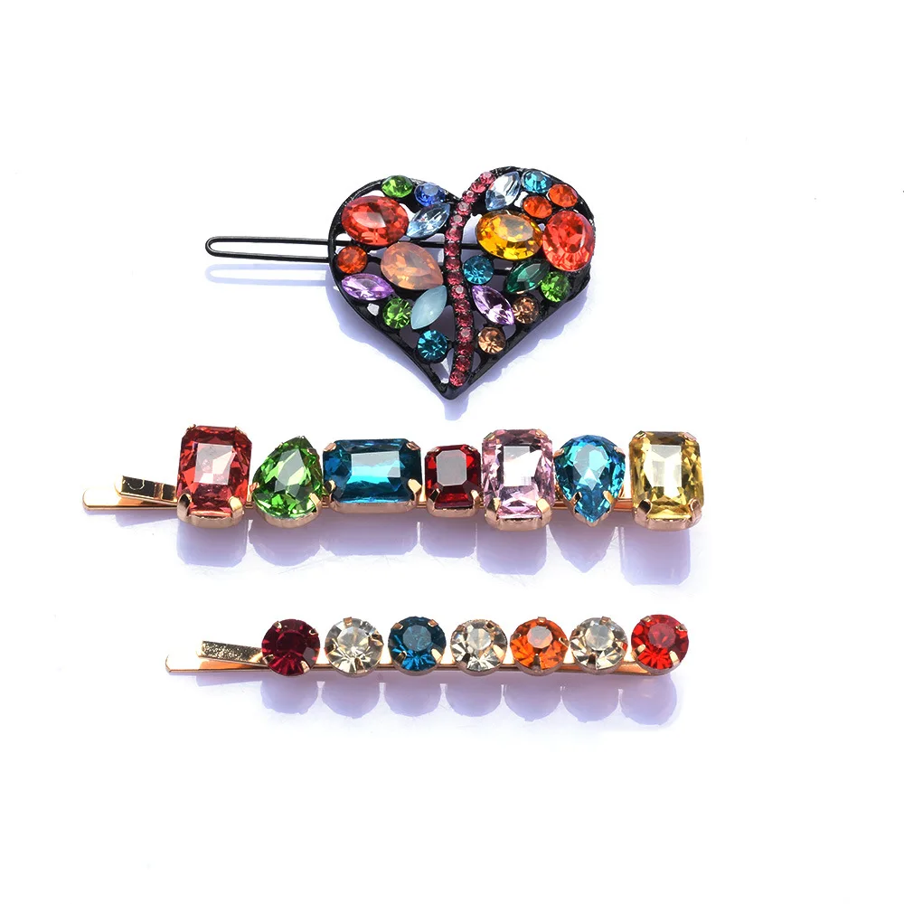 Luxury Hair Pin Jewelry Set Barrette Accessories Rainbow Gem Stone Crystal Rhinestone Heart Shaped Hair Clips for Women Girls