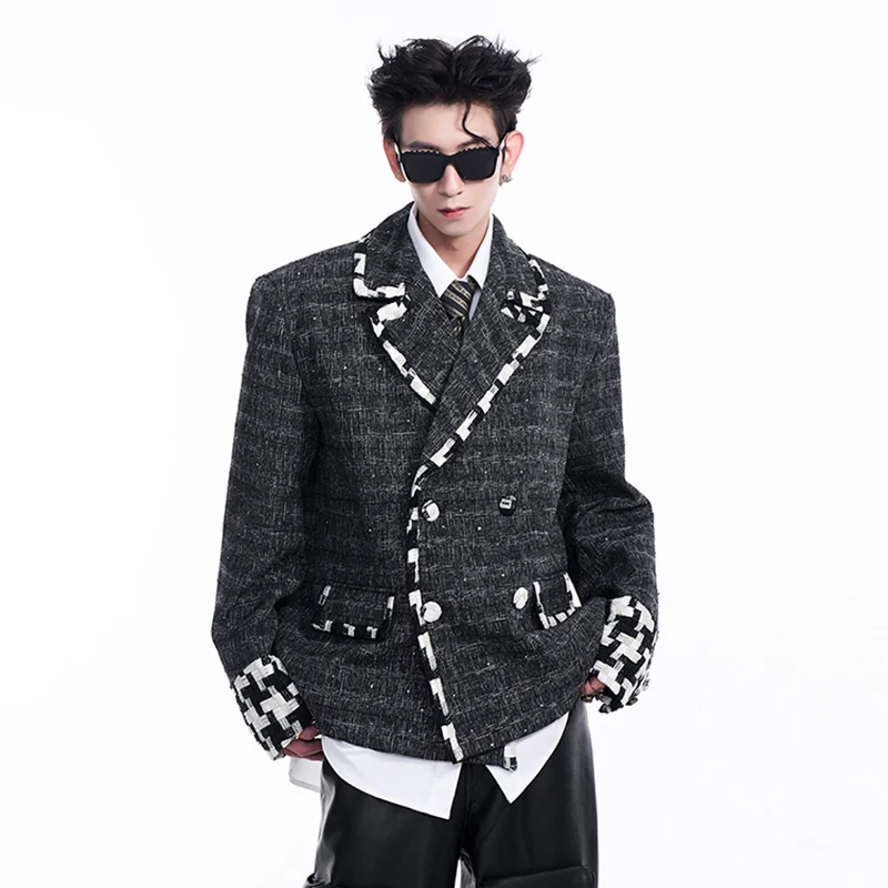 FEWQ Niche Woven Patchwork Plaid Suit Men\'s Jacket Autumn Winter Double Breasted 2024 Contrast Color Male Blazer 24E2127