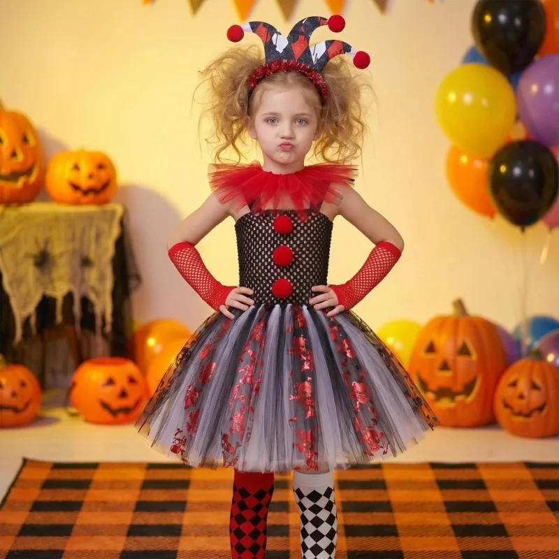 New Cosplay Costume Horror Clown Sleeveless Dress Accessories Suits Halloween Theme Party Role Playing Outfits for Girls