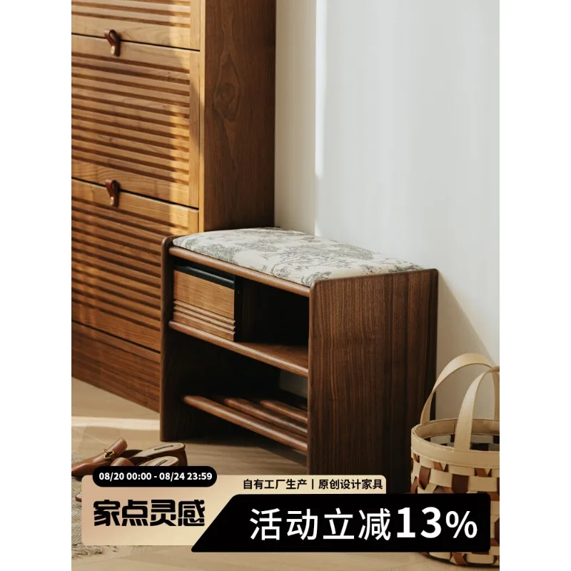 Wuying مصبغة تغيير الأحذية البراز عند باب المنزل الشمال الجوز الأسود الخشب الصلب باب الدخول رف الأحذية يمكن الجلوس على الحذاء