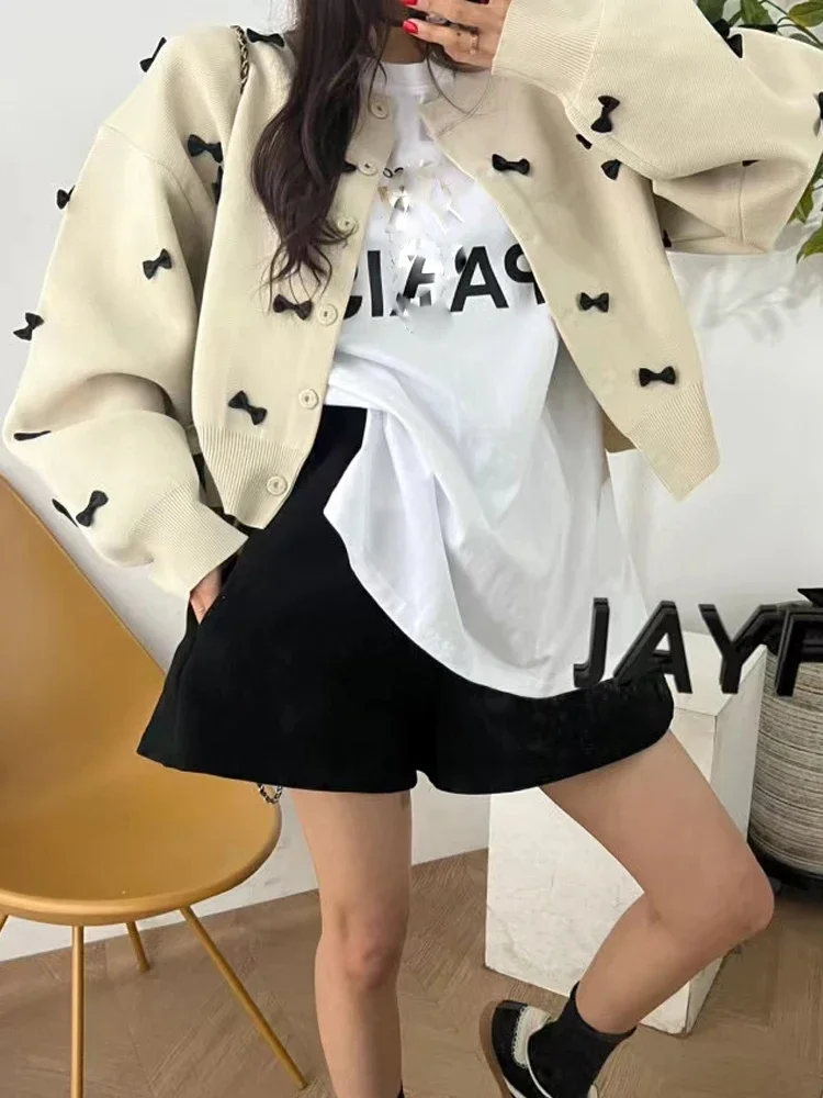 Sweater Outerwear Women Korean Series Fashion Three-Dimensional Bow Knit Loose Sweet Age-Reducing Design round Neck Top Z164