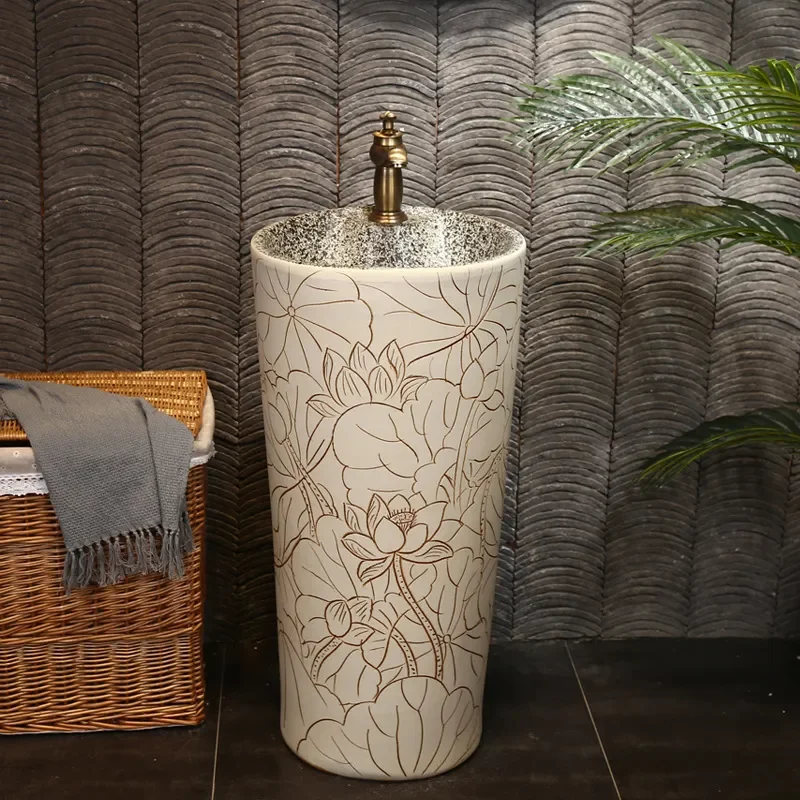 for White Lotus Carved Column Basin Integrated Floor Type Wash Basin Balcony Ceramic Column Type Wash Basin Bathroom