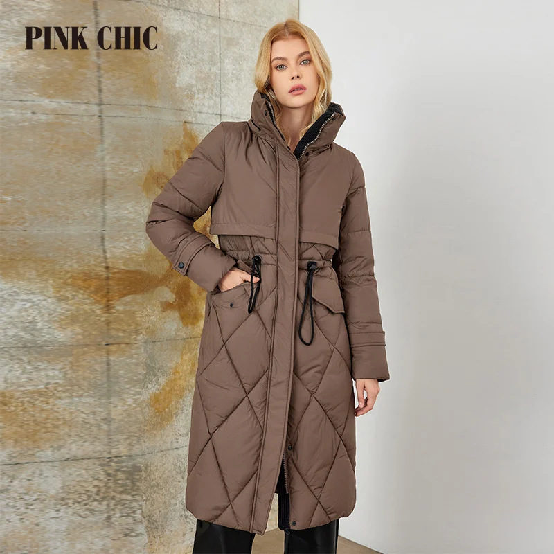 PINK CHIC 2023 New Winter Coat Women Down Jackets High Quality Rhombic Warm Lace up Hooded Long version Female Parka W6553