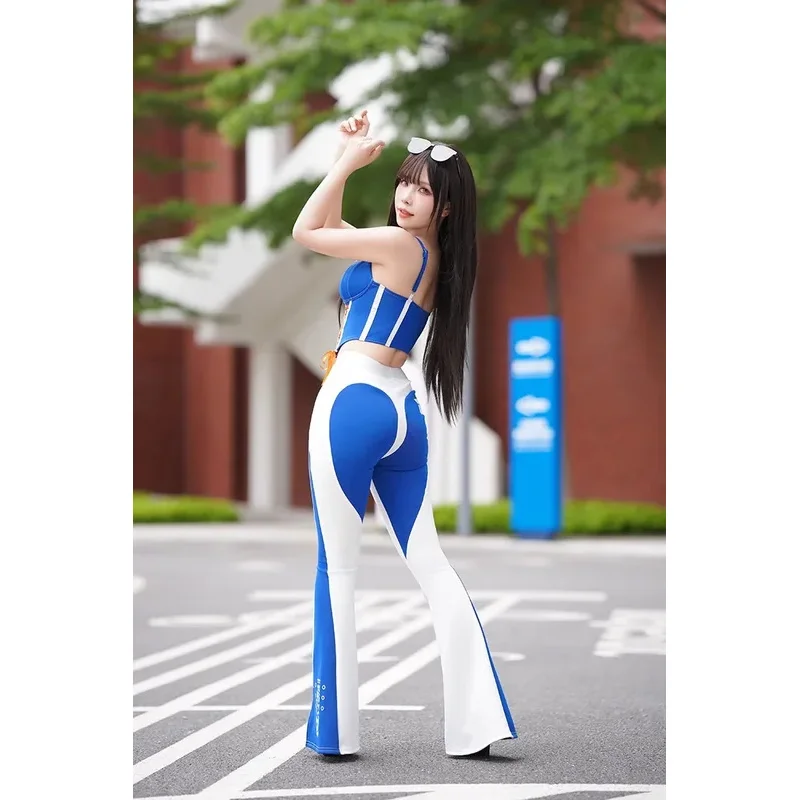 

Japanese Anime RACE QUEEN Cosplay Costume Women Summer Fishbone Corset Elastic Slim Fit Flared Pants Set Sexy yi;4