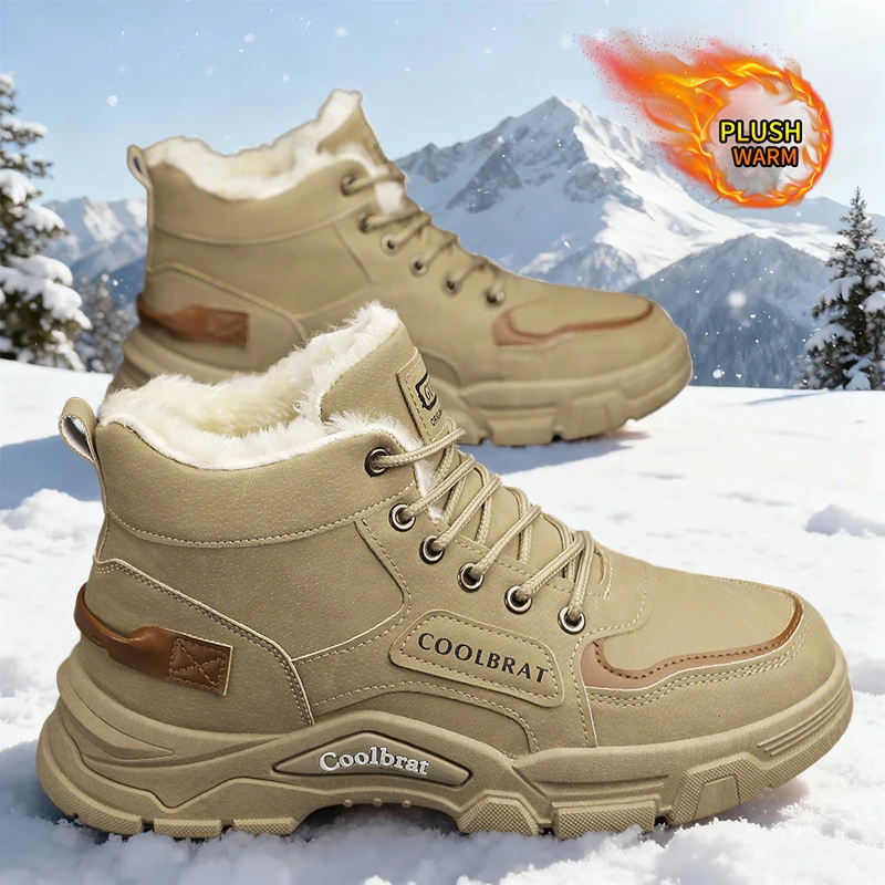 أحذية رياضية كاجوال عصرية عالية الجودة للرجال - أحذية ثلج مبطنة بالصوف على طراز الدراجات النارية، أحذية للكاحل للتنزه في الشوارع في الهواء الطلق