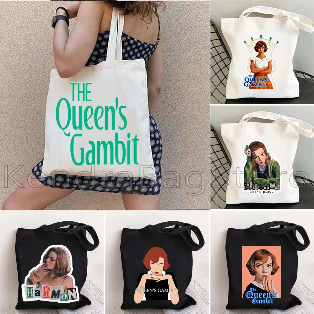 Retro Beth Harmon The Queen's Gambit Chess Piece Tv Series Chess Show Chess Girl Women Canvas Shoulder Tote Bag Shopper Handbag