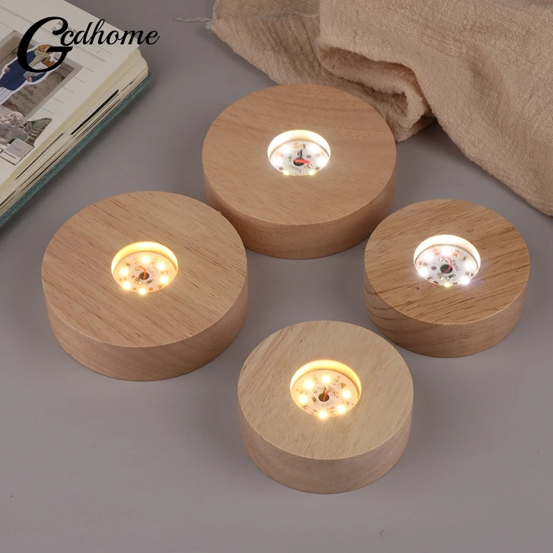 Battery Operated 8/10cm Round Wooden LED Light Dispaly Base Stand Holder able Night Lamp Base Crystal Glass Resin Art Ornaments