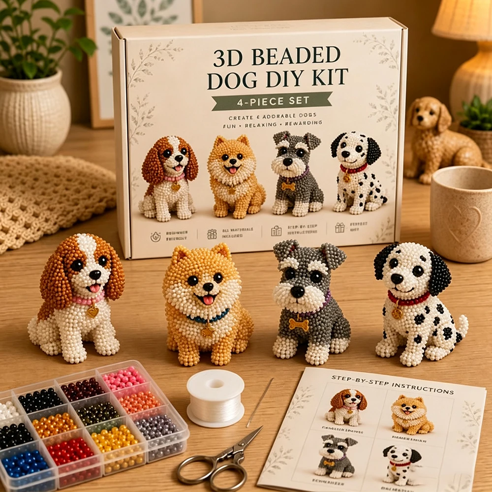 3D kralen hond DIY-set, 4 schattige puppy's handgemaakte kralenset, complete benodigdheden & instructies, ontspannend knutseldecoratie cadeau