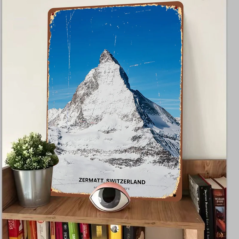 Swiss Matterhorn Snow Mountain Landscape Metal Tin Sign Home Wall Decor Living Room Art Hanging Ornament