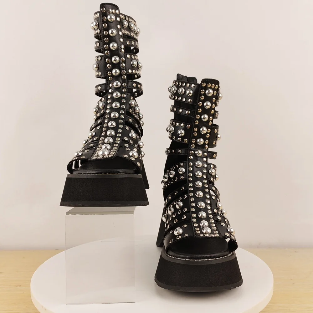 Women's Black Punk Rock Studded Platform Boots Multi-Strap Gladiator Design with Chunky Heel for Edgy Streetwear Alternative