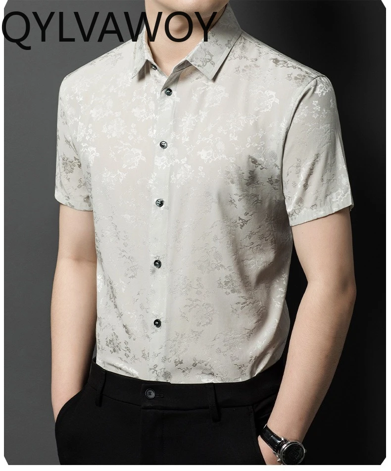 QYLVAWOY 92% Real Mulberry Silk Shirts for Men Thin Summer Shirts Short Sleeve Tops Floral Lapel Shirts for Man Business Casual