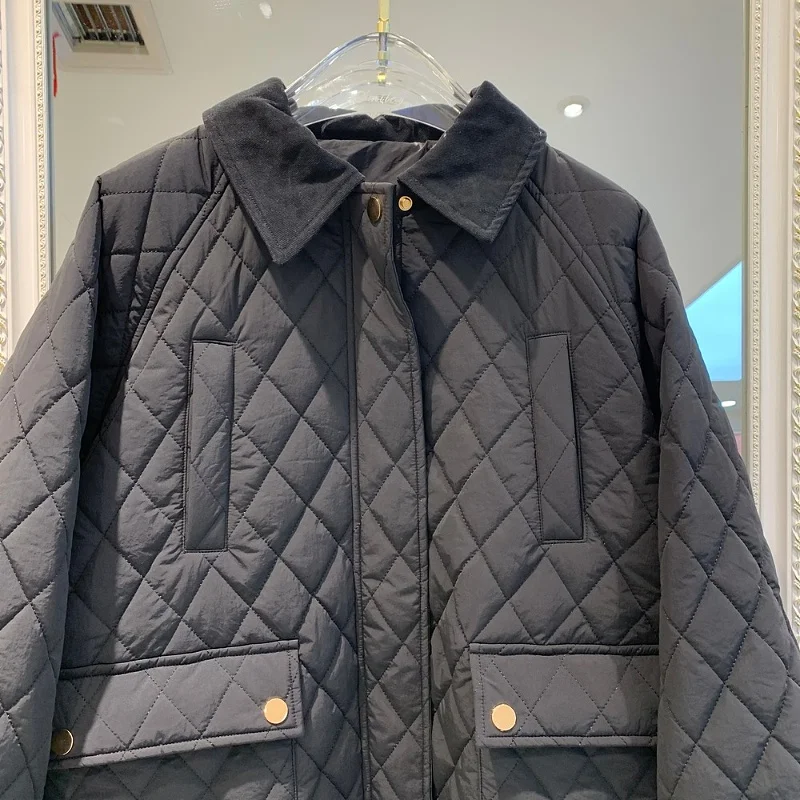 Loose Women's Retro Cotton Jaet Color Blo Winter Coat Korean Sle  Collar Single Button Long Sve Thiened Polyester